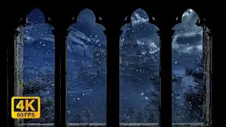 4K Harry Potter Winter Window View - Hogwarts Snow Ambience & Wind Sounds for Study and Sleep