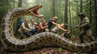 A desperate fight, Terrified tourists face a giant anaconda in the Amazon rainforest, wild battle 