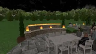 Outdoor patio with pergola, multiple fire and water features and outdoor fire pit.