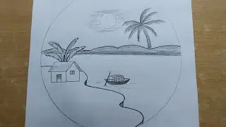 Simple riverside village house with tree scenery drawing in circle | Easy scenery drawing in circle 