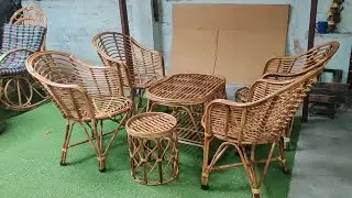 Multicolor Bamboo Mudda Chair With Table And Cane Chair  With Table Set