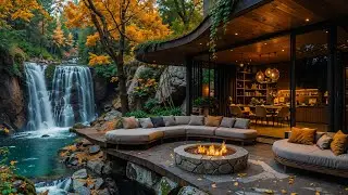 Golden Autumn Jazz by the Waterfall 🍁 Firelit Cabin Ambience & Gentle Jazz for Work & Study