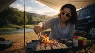 ASMR CAMPING BY THE RIVER | Nature Sounds, No talking, Korean BBQ Samgyeopsal cooking Day Camp