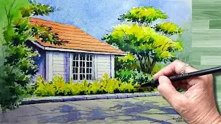 🎨 House Portrait Watercolor Landscape Painting Step-by-Step Tutorial | निसर्गचित्र पेंटिंग