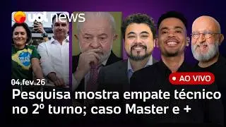 Lula teria empate com Flávio, Tarcísio e Michelle, diz pesquisa; caso Master; Bolsonaro no STM e+