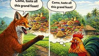 A story about the Rooster, hunter dogs, fox and a lion