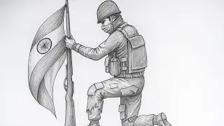 Independence Day Drawing || Pencil Shading Army Drawing For 15th August || Army With Flag Drawing