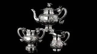 ANTIQUE 19thC CHINESE EXCEPTIONAL SOLID SILVER TEA SET, GONG HE c.1890