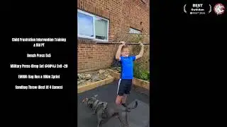 Kid PT: Bench Press 5x5, Military Press (Drop Set @60%) 3x8 +20, EMOM: Bag Run & Sandbag Throw
