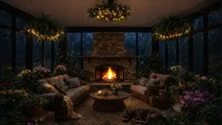 Fireplace in a Greenhouse  | Cozy Night Ambience for Sleep & Reading (No Music)