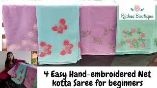 Hand Embroidery : 4 Net Kotta Saree Designs for Beginners || Trending handworke designs in malayalam