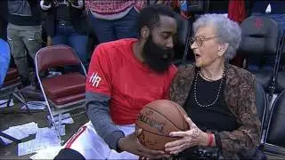 James Harden gives the game ball to a 100 year old woman on her birthday
