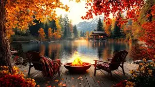 Cozy Autumn Sunny Day Ambience. Crackling Fire Pit with Nature Sounds. Pleasant Water and Birdsong