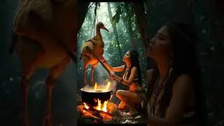 Wild Cooking: Jungle Woman Roasts Giant Bird and Egg in the Jungle! #junglelife #cooking  #shorts
