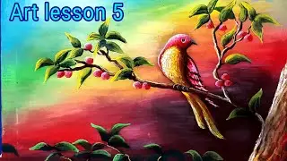 Art lesson #5 || how to paint a colorful bird sitting on a brunch
