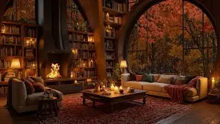 Tranquil Autumn Jazz Night 🍂 Rainy Cabin Library Ambience with Fireplace & Soft Sounds for Sleep