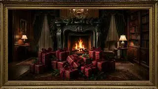 Christmas Fireplace Library Tartan Gifts Gold Frame TV Art | 2 Hours 4K