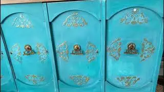 Buffet makeover using chalk paint, raised stencil and tiny craft mirrors #diyfurnituremakeover