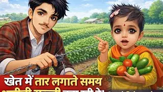 खेत में में तार लगाते हुए और मेरी भतीजी सब्जी के बारे में बताते हुए