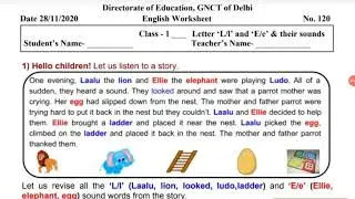 Class 1; Worksheet 120; Date 28/11/20 Letter L and E