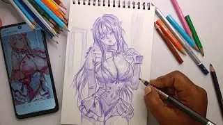 Draw with me -Drawing cute Anime girl with colour pencil waifu sketch studio, Anime drawing tutorial