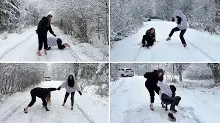 Two girls BAREFOOT comparing seven pairs of high heels on very slippery ice and snow (# 1656)