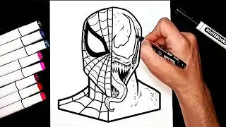 How to DRAW SPIDER-MAN and VENOM in ONE CRAZY FACE | Marvel Artist Coloring