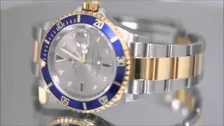 Rolex Men's Submariner Two Tone Slate Serti Dial & Blue Bezel Model 16613 Gold Through Buckle Watch