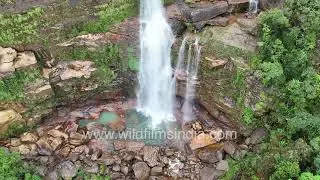 Dainthlen waterfalls in Meghalaya, seen in stunning monsoon profusion, with greenery and much water