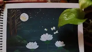 easy white lotus flower painting | easy moonlight painting | landscape paintings watercolor flower