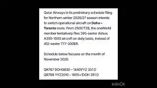 Qatar airways in 2026 TENTATIVE Toronto aircraft changes
