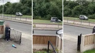 Lazy Owner Walks Dog From Inside Car