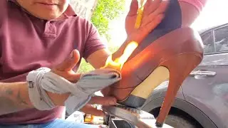 👠HIGH HEELS on FIRE 🔥 w/ MACHINE MAN | Ladies Brown Leather Street Shoe Shine ASMR |  Mexico City 🇲🇽