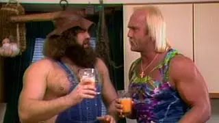 Hillbilly Jim fuels up for a workout with Hulk Hogan: Prime Time Wrestling, Sept. 7, 1988