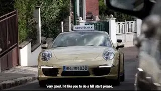 Taking the driving test in a sports car.