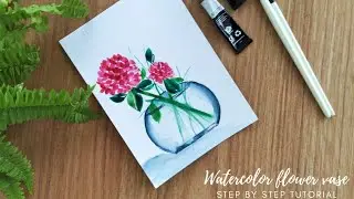 How to paint a watercolor glass vase/jar with red flowers and leaves.#watercolour #watercolor
