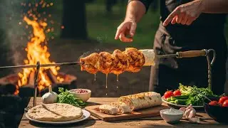 Classic Chicken Shawarma on an Open Fire 🔥🌯 | Outdoor Campfire Cooking #outdoorcooking #bushcraft 