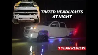 Tinted headlights at night + flooded road