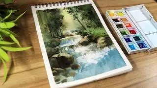 Watercolor painting of Rocks and Stream Waterfall Landscape Easy