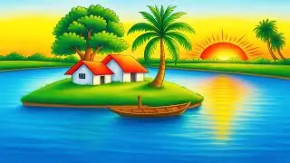 How to Draw Beautiful Village Scenery with River & Sunset | Easy Landscape Drawing for Beginners