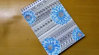 How to draw easy Mandala art of blue sunflowers | Zentangle Doodle art | black gel pen | oil pastels