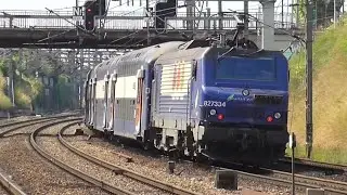 BB27300 et VB2N : D&eacute;part de la BB27334 de la gare de Mantes Station sur la ligne J du Transilien