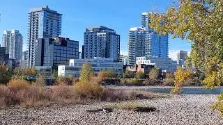 Calgary: Downtown view from St Patrick island pedestrian bridge Calgary Alberta Canada-10th Oct 2025