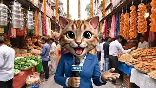 Cute cat reporting Indian street market