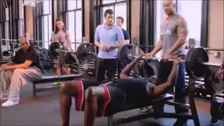 Charles Barkley vs Shaq in a weightlifting contest.The Rock & Mark Wahlberg coach and spot for them.