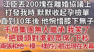 【完結】江臣丟200塊在離婚協議上，打發我時 默默收起孕檢單，直到10年後 他惋惜膝下無子，千億集團無人繼承 我笑了，「把鏡頭對準觀眾席」下秒，兩張和他一模一樣的小臉出現在大幕#婚姻 #豪门 #情感