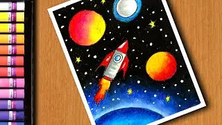 Rocket in space drawing for beginners with colours | Rocket drawing
