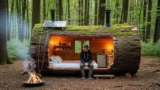 Building a house in the forest (ASMR) -This man built a mini house inside a tree trunk by himself