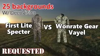 First Lite Specter Vs Wonrate Gear Vayel hunting camo in Human and Deer Vision on 25 Backgrounds
