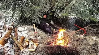 Solo Winter Camping - Building Shelter under a Tree